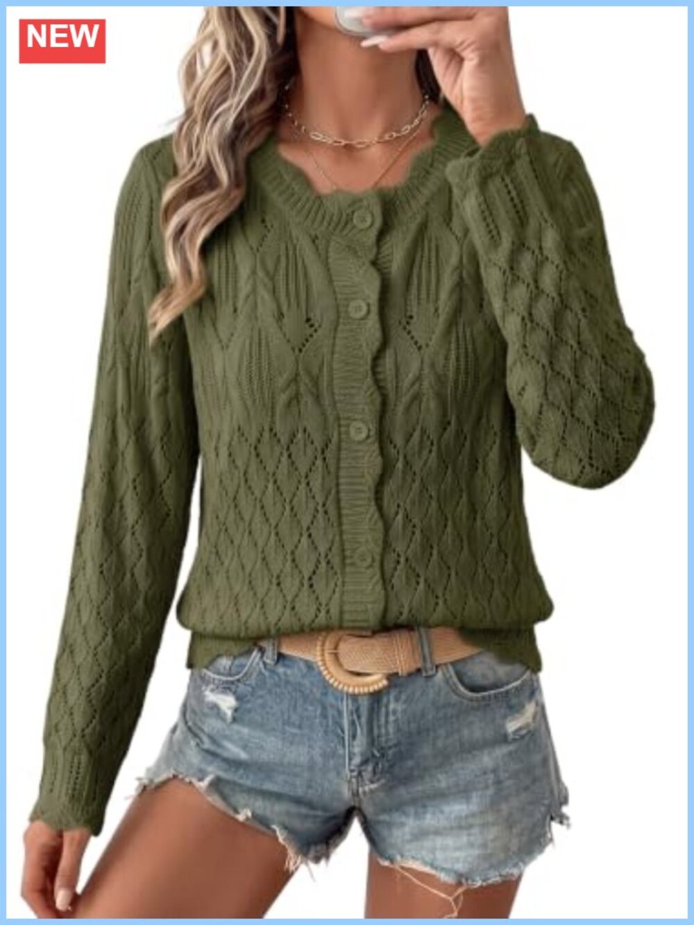 Women's Long Sleeve Hollow Out Knit Cardigan Sweater Ruffle Button Down